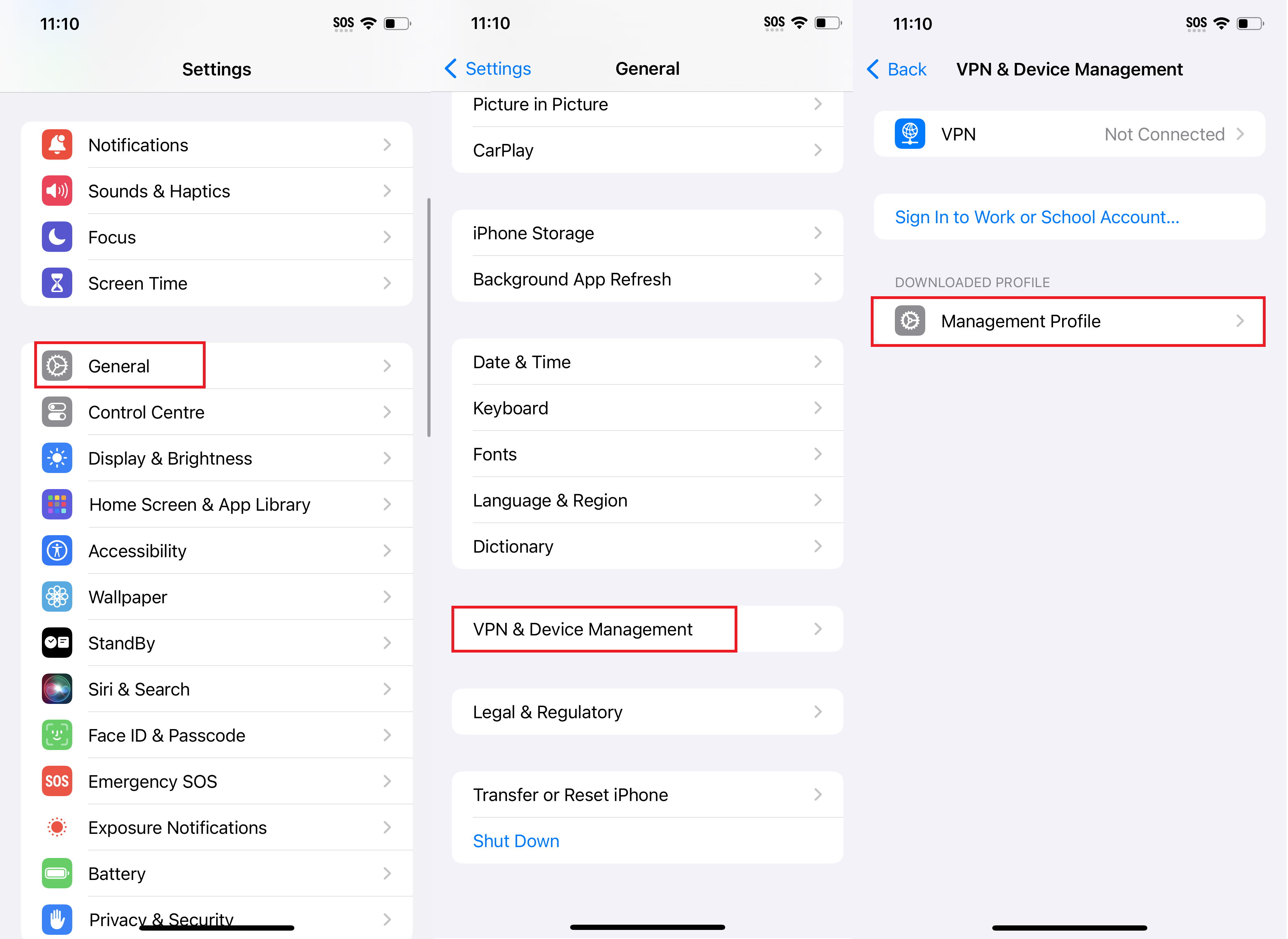 IOS navigate to management profiles