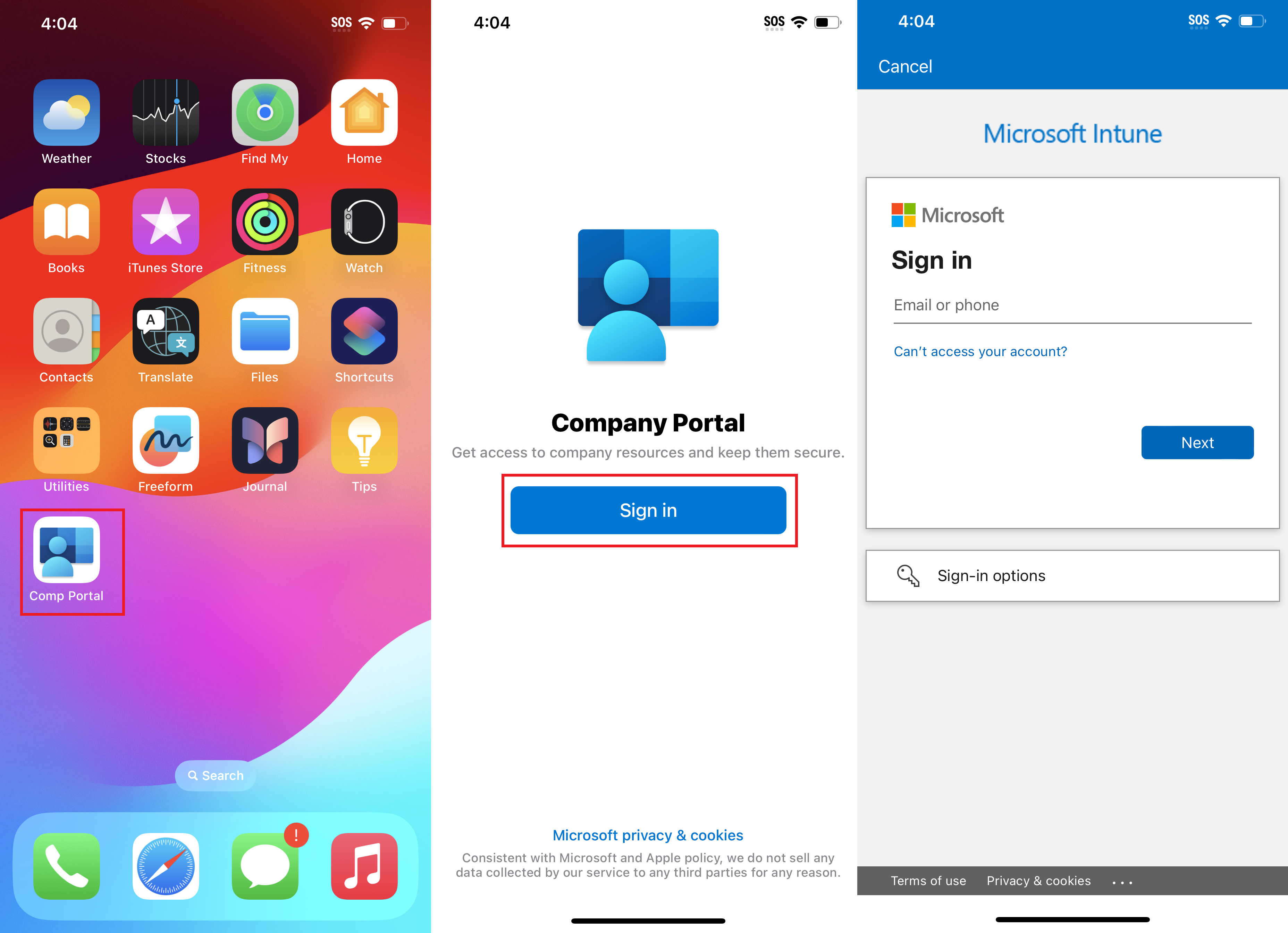 IOS Intune company portal sign in